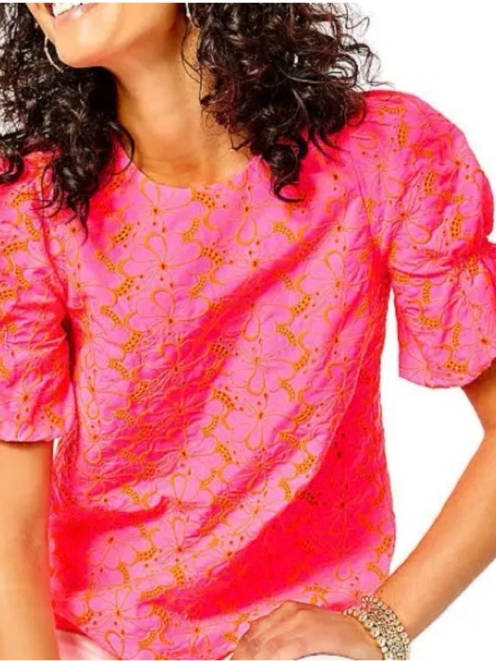 Lilly Pulitzer Pink Eyelet Lailah Tunic | XL | Orange Embroidered Flowers - Picture 2 of 13